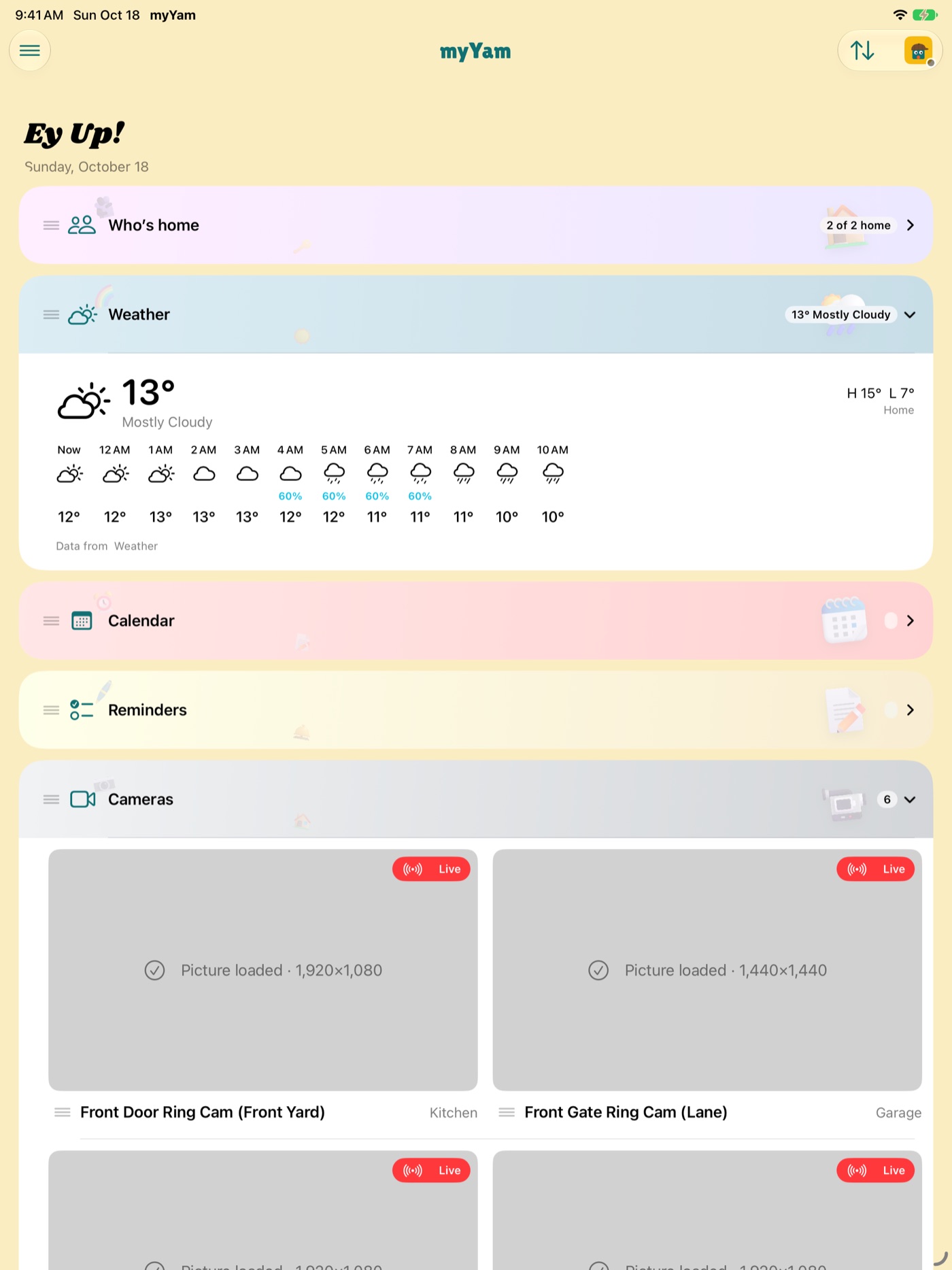 myYam on iPad: Who's home, the weather, calendar, reminders and four camera tiles