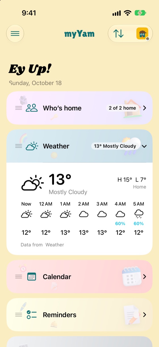 myYam's Home page: Who's home, the weather and the next 12 hours