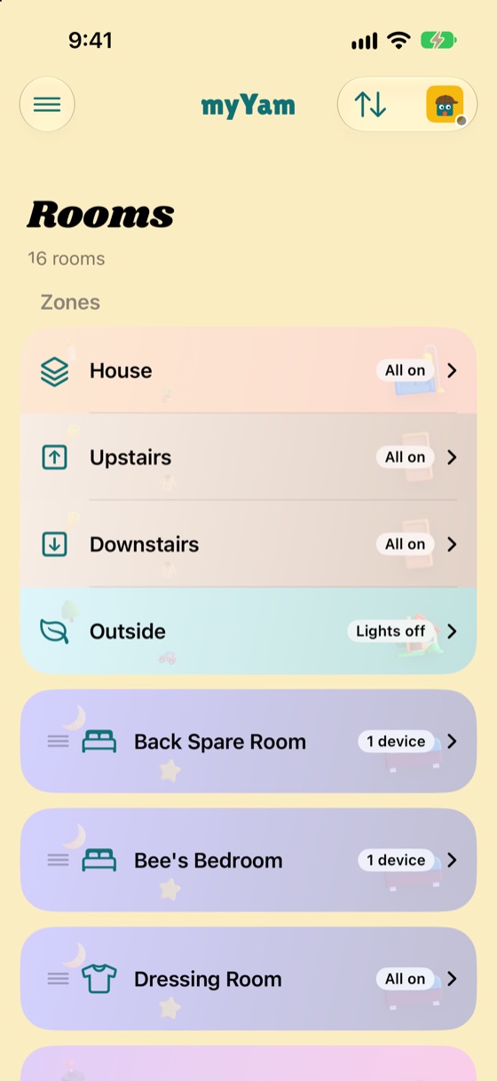 The Rooms page: House, Upstairs, Downstairs and Outside zones, then each room