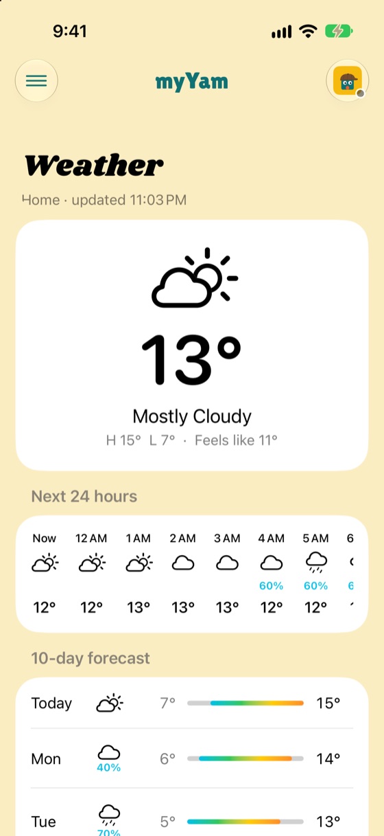 The Weather page: 13 degrees and mostly cloudy, the next 24 hours and the 10-day forecast