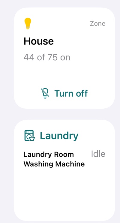 Two widgets: the House lights with a Turn off button, and Laundry